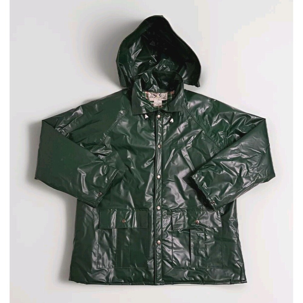 Duck Bay Raincoat PVC Rain Jacket Mens Medium Hooded Insulated Plaid Lined Green